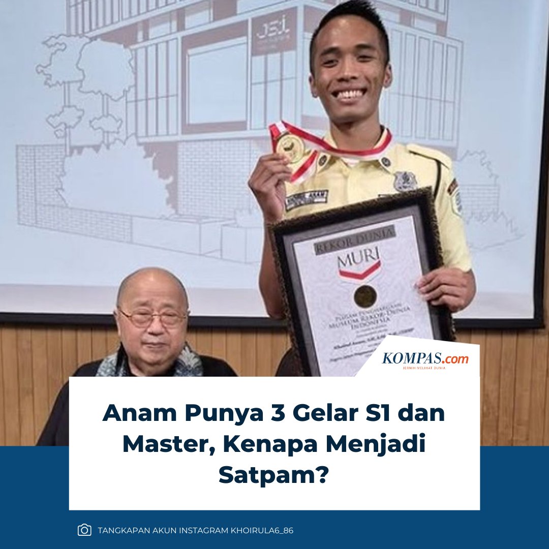 kompascom's tweet image. Meski telah mengantongi dua gelar sarjana dan satu gelar master, Khoirul Anam memilih bekerja sebagai anggota satuan pengamanan (satpam) di BRI Kantor Cabang Jakarta Tanjung Priok. Ia mengaku profesi tersebut masih dijalaninya sambil menunggu kesempatan mewujudkan cita-citanya…