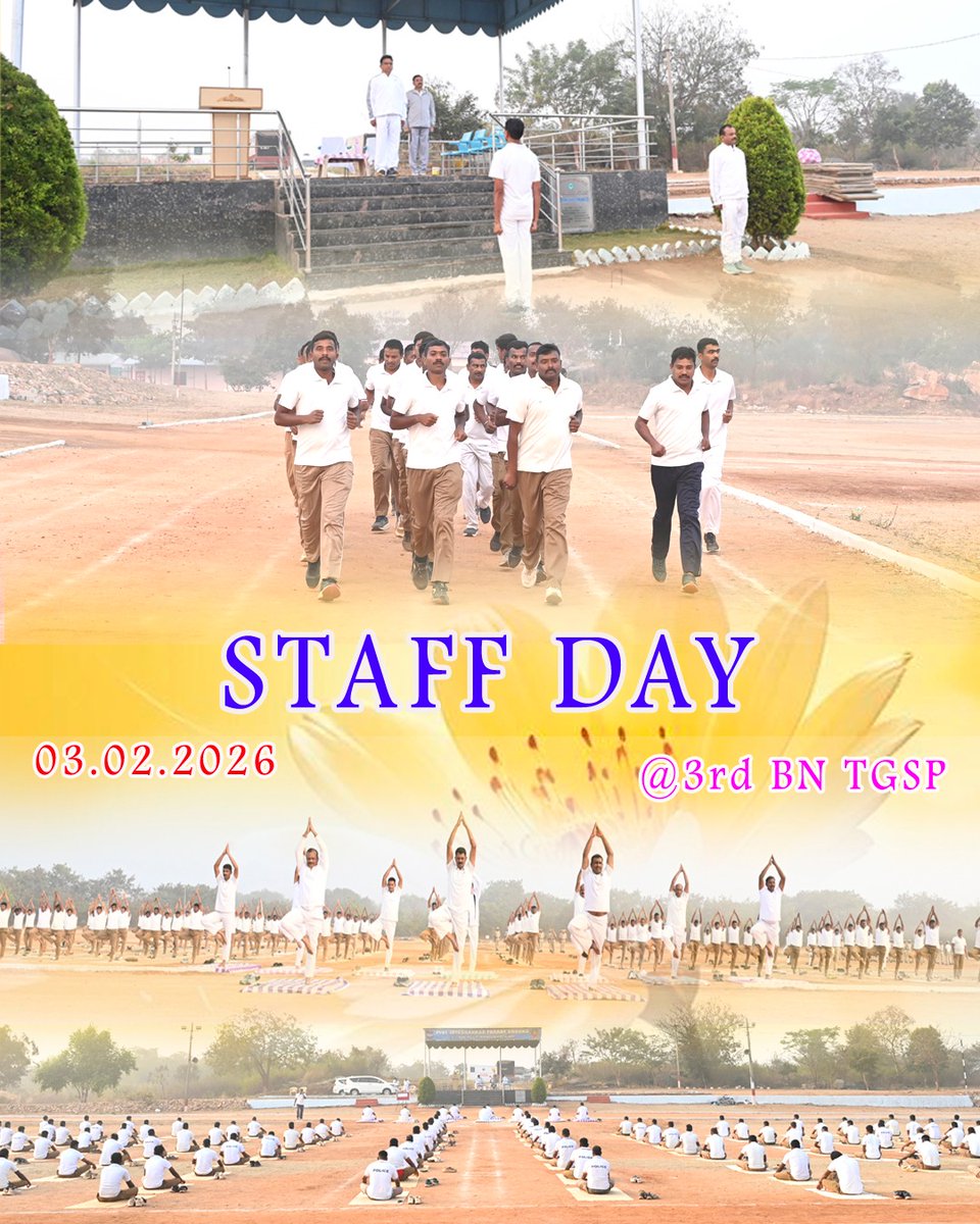 3rdBnTSSP's tweet photo. Today i.e on 03.02.2026 at 3rd Bn., TGSP,Ibrahimpatnam-In the presence of the Commandant of 3rd (IR) Bn.,TGSP Sri Syed Jammel Basha,Sr. Officers and also Jr. Officers, all staff members are attended to the staff day program. P.T &amp; Yoga conducted in the part of the staff day. https://t.co/yOb8RwqrZ0