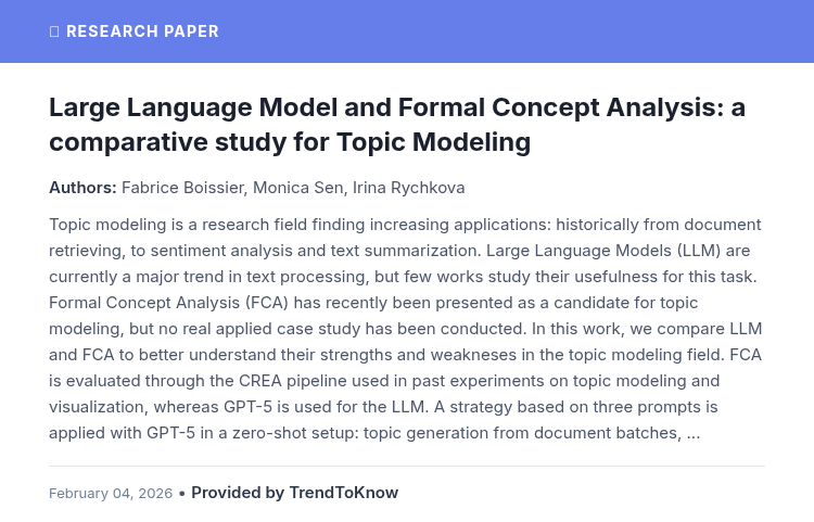 aitrendings's tweet photo. TrendToKnow AI: Large Language Model and Formal Concept Analysis: a comparative study for Topic Modeling

👥 Fabrice Boissier, Monica Sen &amp; Irina Rychkova

#AIResearch #TopicModeling #NaturalLanguageProcessing

Provided by TrendToKnow AI
🔗 https://t.co/LKJEWWPS4X https://t.co/OWqKuepShZ