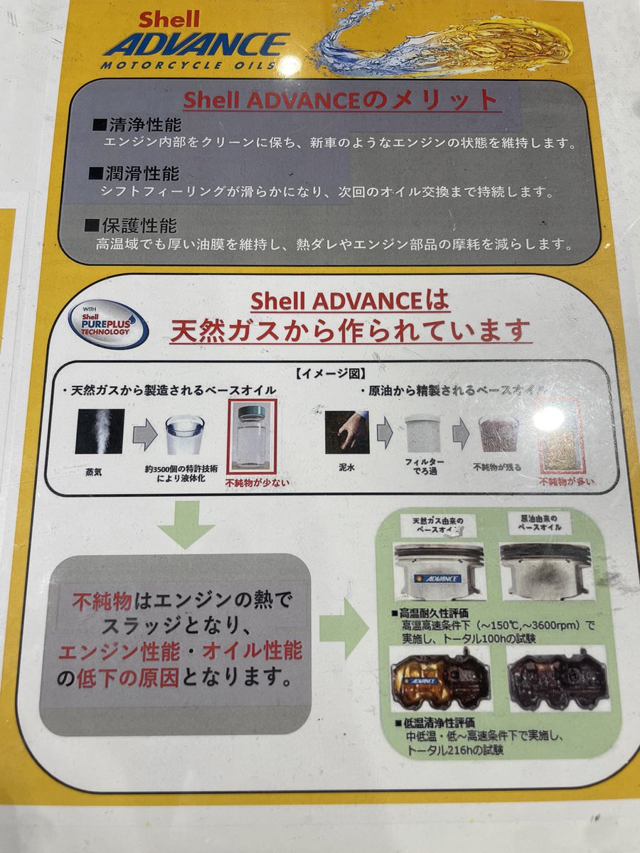 naps_tokai's tweet image. どうも、#ナップス春日井店 のSHELLADVANCE大好きおじさんです👋

皆さんはエンジンオイルはどのメーカー使っていますかーー？
私は #SHELLADVANCE 一択です🤩

何がいいのか！
文字数制限があって、全部書ききれないので1つだけ！
残りは資料をご覧ください！

なんといっても「不純物が非常に少ｎ