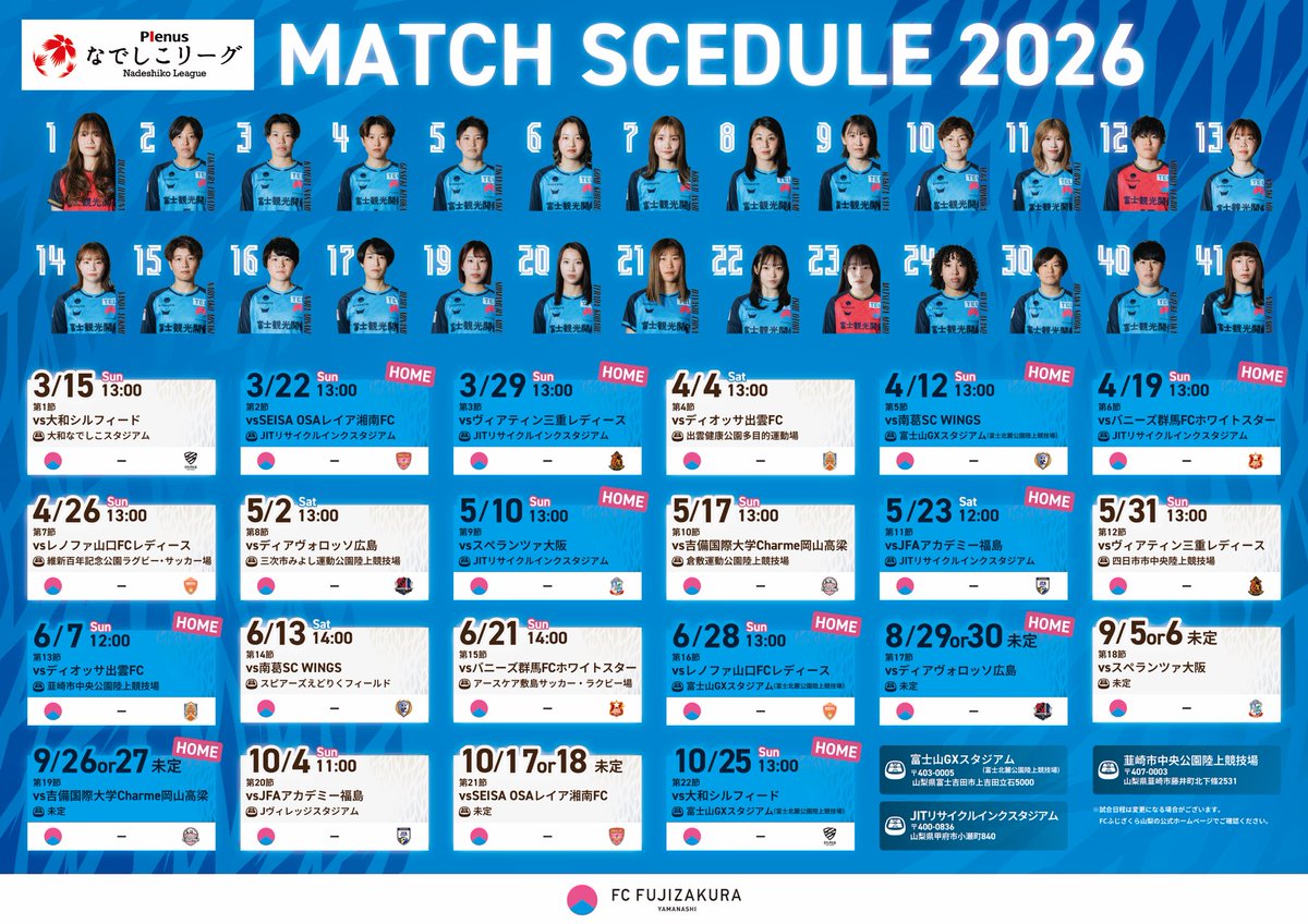 FC_FUJIZAKURA's tweet photo. ＼2026リーグ戦日程の公開🌸／
#なでしこリーグ の試合スケジュールがついに公開✨
クラブ初のホーム開幕戦が小瀬‼️そして2週連続の小瀬‼️
現時点で #小瀬 で5試合、#韮崎 で1試合、#北麓 で3試合を予定しており未定試合については決まり次第お伝えします⚽️🗻
共に熱いシーズンを🔥

#FCふじざくら山梨 https://t.co/J9r3Kcu9do