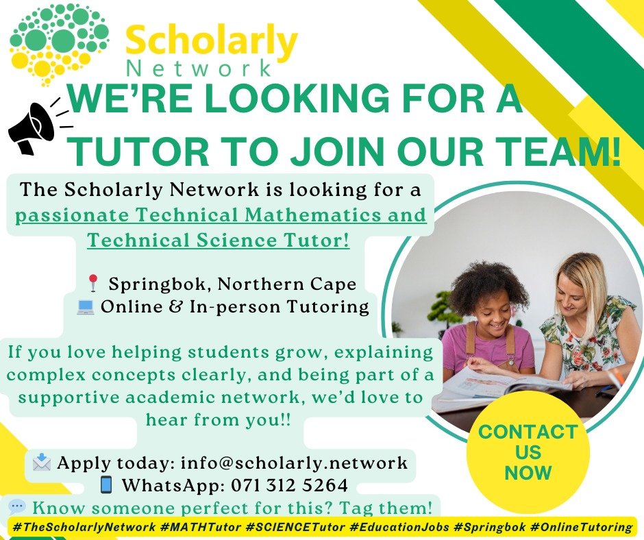 schlrlyntwrk's tweet photo. We’re hiring!
TSN is looking for tutors in Technical Mathematics & Technical Sciences.
👉 Join our growing academic network!
#TSN #TutorRecruitment #TechnicalMathematics #TechnicalSciences #JoinOurTeam #EducationMatters https://t.co/eV2wXF43Nc
