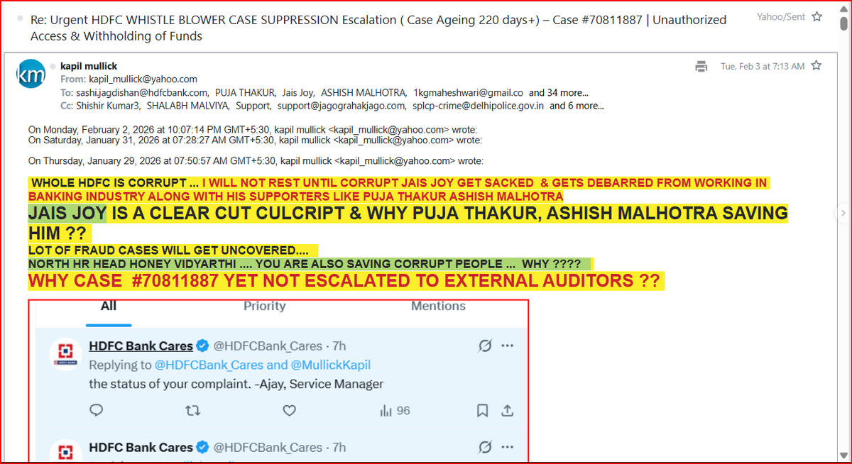 MullickKapil's tweet photo. @HDFC_Bank @RBI @EconomicTimes @republic 
CORRUPTION  HAPPENING OPENLY @HDFC_Bank 

WHISTLEBLOWER CASE SUPRRESSED BY NOIDA SEC 62 BRANCH STAFF PUJA THAKUR JAIS JOY 

HR HEAD - HONEY VIDYARTHI ALSO IGNORING 

CEO, @RBI  @EOWDelhi  SHALL TAKE HARSH ACTIONS &amp; DEBAR CORRUPT STAFF https://t.co/EBCXjGe7fl
