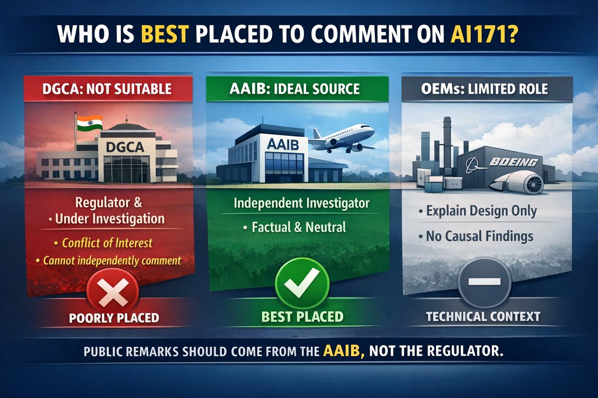 flyingamit's tweet photo. In #AI171, the @DGCAIndia is both the regulator and within the scope of investigation.
Under ICAO Annex 13 principles, that makes DGCA poorly placed to issue a public “rejoinder.”#AI132 #FuelControlSwitch
Any authoritative clarification should come from the #AAIB as the independent investigator, with OEMs limited to explaining design intent—not conclusions.
@MoCA_GoI Please understand the process.