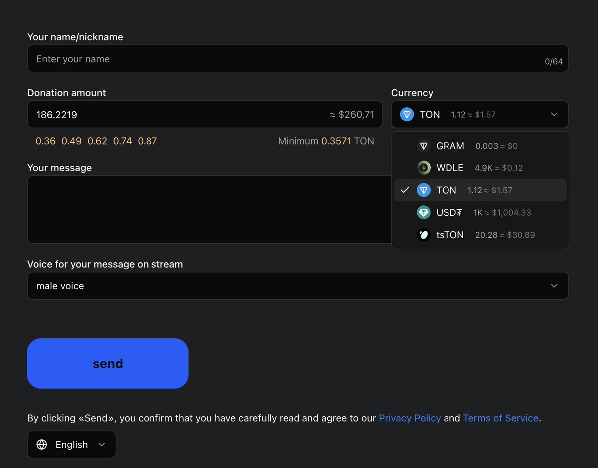 GM frens 💎 
Just shipped a small (but juicy) UX upgrade on Tonation: donation page now shows token icons + your wallet balance per token. No more “wait… do I even have $TON?” 😅 Click, pick, tonate. 
WAGMI 🟦 
#Crypto #Ton #streamer
