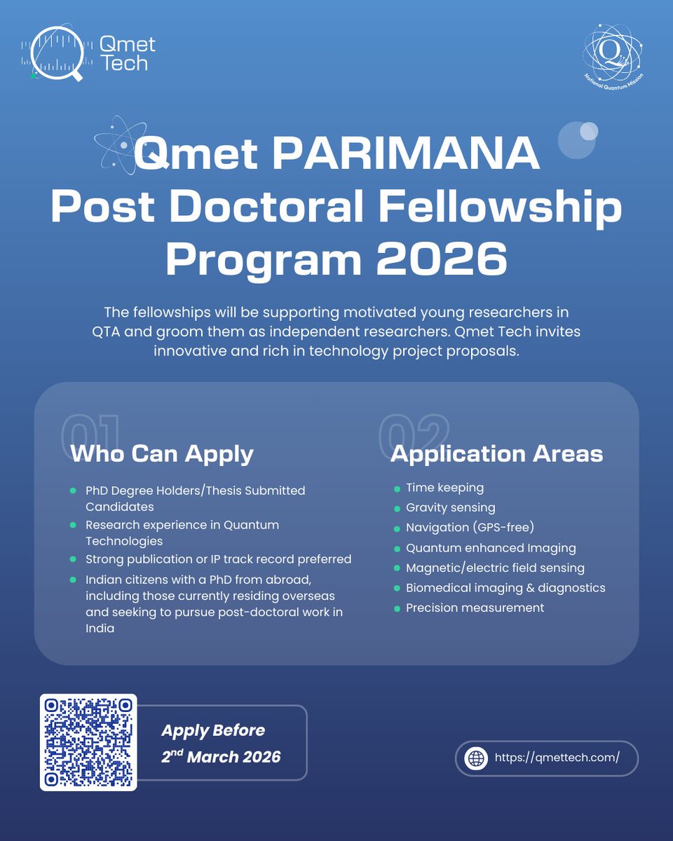 qmet_tech's tweet photo. We’re excited to announce the Qmet PARIMANA Post Doc Fellowship Program 2026 for motivated researchers to advance their work in quantum sensing, imaging, metrology, and related domains under the @NQM_MCC

Apply now : https://t.co/7wT0kfpxgm

#PostDocFellowship #QuantumResearch https://t.co/HtO4FDWY9T