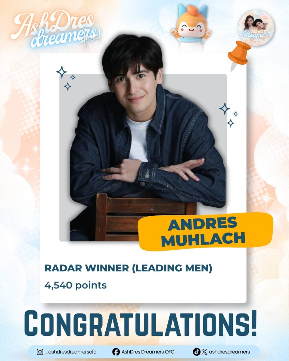 AshDresDreamers's tweet photo. Congratulations to Andres on winning the Radar Leading Men category! 🌟

This win is so well-deserved and a true reflection of your talent, dedication, and the passion you bring to everything you do. You continue to inspire with your hard work, confidence, and authenticity, and this milestone is just another reminder that you’re exactly where you’re meant to be. Here’s to celebrating this amazing achievement and to many more wins ahead—keep shining and leading the way! 👏🏆

#AndresMuhlach | Andres Muhlach