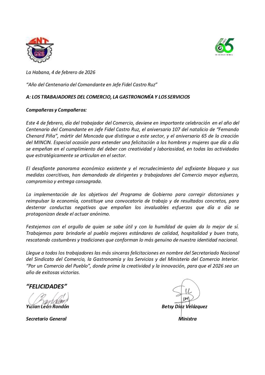 ✨En ocasión de celebrarse hoy, 4️⃣ de febrero, el día del trabajador del Comercio, la Gastronomía y los Servicios, Yulián León Rondón secretario general del Sindicato y <a href="/BetsyDazVelzqu2/">Betsy Díaz Velázquez</a> ministra del Comercio Interior, envían carta 📜de felicitación a los trabajadores sector.