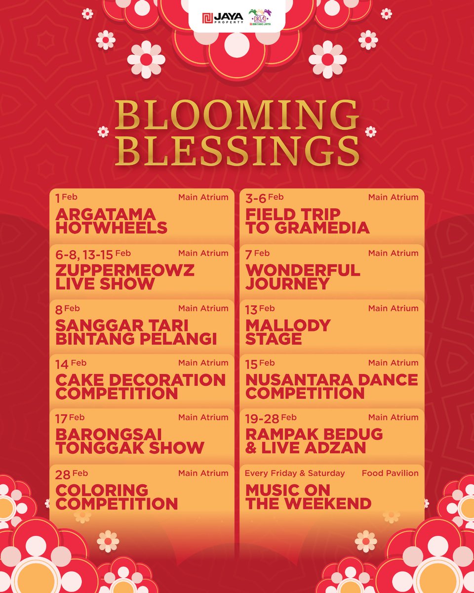 ✨Blooming Blessings✨

Awali tahun baru imlek dengan acara yang seru, menarik, dan penuh warna di Plaza Bintaro Jaya! 🎉
Jangan lewatkan kesempatan seru ini! Dapatkan momen kebersamaan yang tak terlupakan di Plaza Bintaro Jaya!