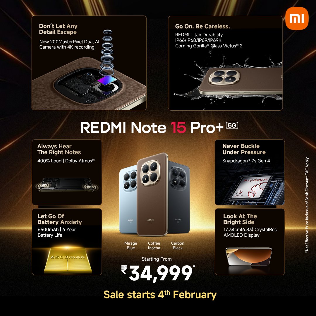 riturajboss's tweet image. FIRST SALE IS LIVE TODAY AT 12 PM 🚀
Meet the power-packed #REDMINote15ProPlus 5G where flagship performance meets stunning design 🤩
#200MasterPixelCamera 📸
Smooth, powerful &amp;amp; built to last 💪
Premium looks that turn heads ✨

Don’t miss out! 🏃‍♀️
That's #SimplyBetter 💯