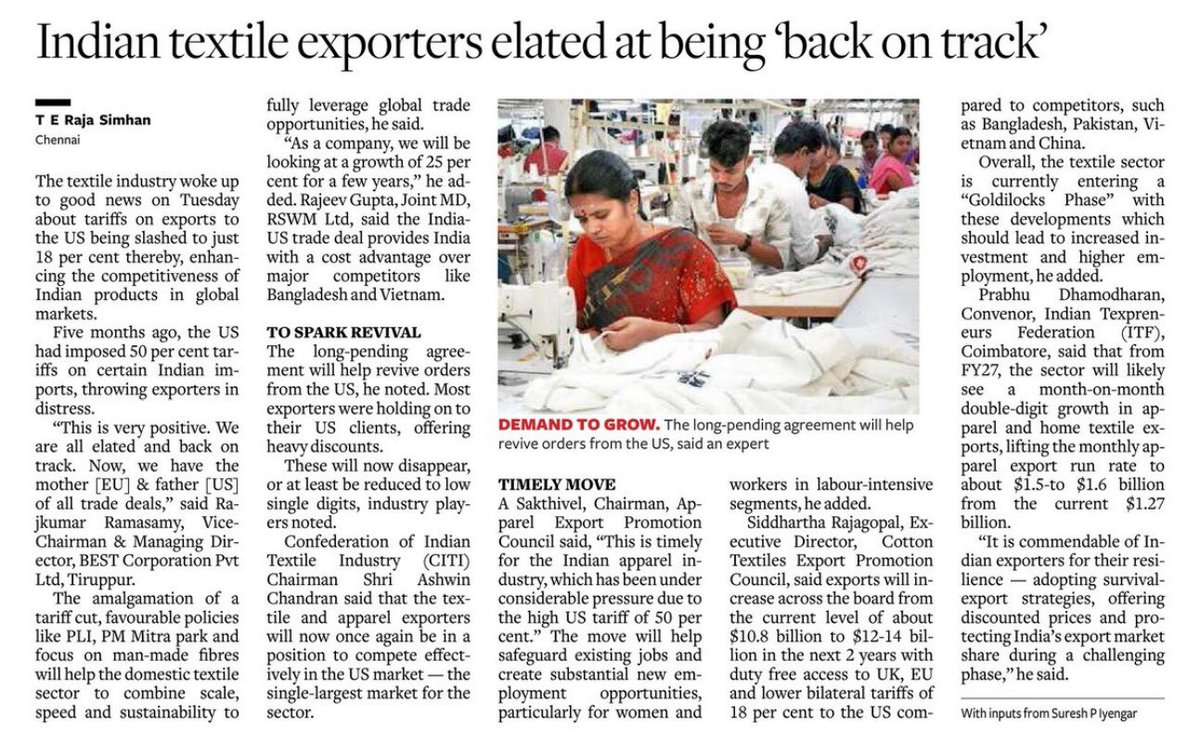A timely boost for Indian textiles.
The India–US trade deal will expand market access, boost exports and enhance competitiveness through reduced tariffs and strategic policy support- reviving orders and strengthening confidence across the textile value chain. Guided by the