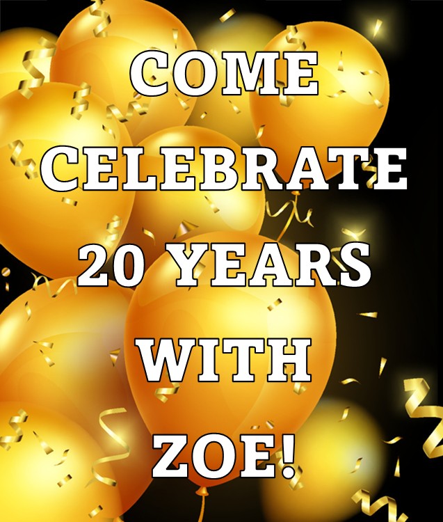 Enjoy complimentary appetizers at Zoe Coffee &amp; Kitchen this Friday from 4-6pm to celebrate Zoe's 20th Birthday, and to meet our new owners, Balram, Monika, Surendra and Laxmi!  Afterward, the Jon and Rand Band will kick off our 20 Year Anniversary with lively music from 6-9pm.