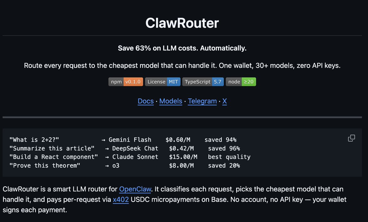 BlockRunAI's tweet image. this data is exactly why we built ClawRouter — the market already knows most agent calls don't need the expensive models

we automated that insight: classify each request, route to cheapest capable model

our real test output mirrors this leaderboard perfectly:
- "What is 2+2?"…
