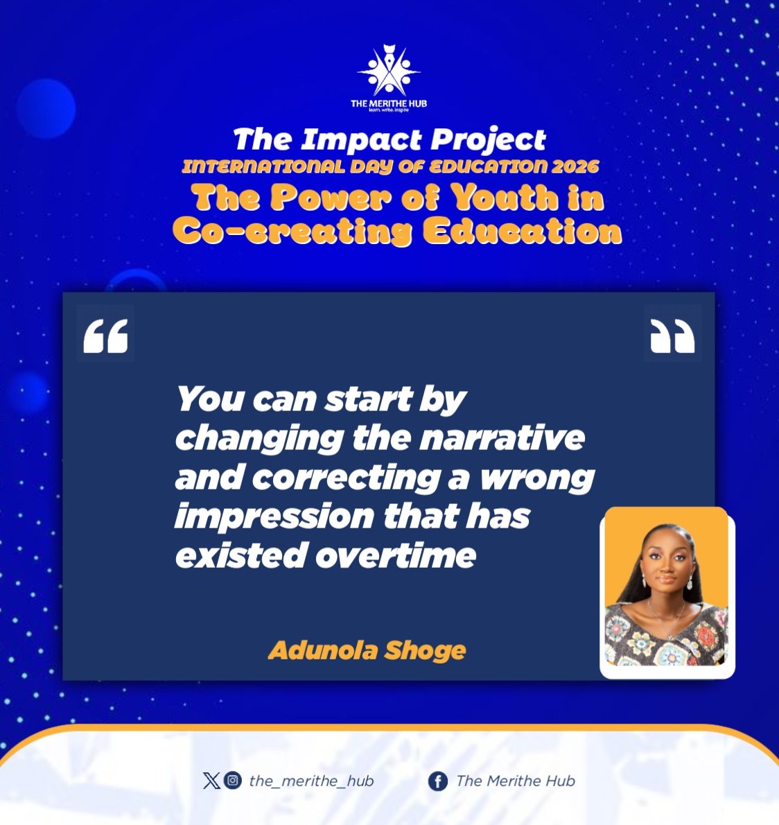 the_merithe_hub's tweet photo. We had such an inspiring session from @ShogeAdunola during our webinar for the International Day of Education tagged "The power of youth in co-creating education".🔥🙌🏼
We noted key points for action as she spoke about "Why Youth voices matter. The innovation youths can bring". https://t.co/Wnxm0ZSdUE