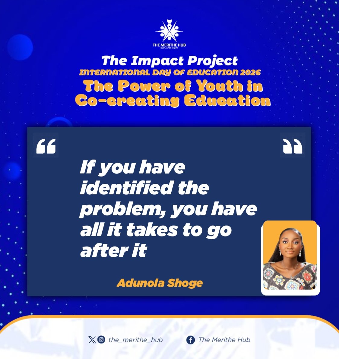 the_merithe_hub's tweet photo. We had such an inspiring session from @ShogeAdunola during our webinar for the International Day of Education tagged "The power of youth in co-creating education".🔥🙌🏼
We noted key points for action as she spoke about "Why Youth voices matter. The innovation youths can bring". https://t.co/Wnxm0ZSdUE