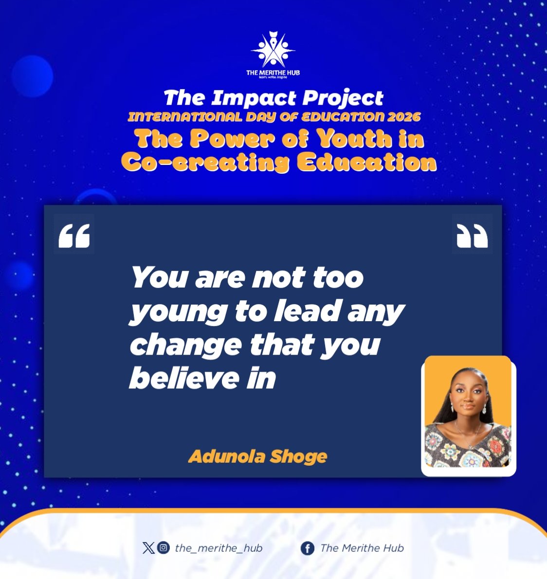 the_merithe_hub's tweet photo. We had such an inspiring session from @ShogeAdunola during our webinar for the International Day of Education tagged "The power of youth in co-creating education".🔥🙌🏼
We noted key points for action as she spoke about "Why Youth voices matter. The innovation youths can bring". https://t.co/Wnxm0ZSdUE