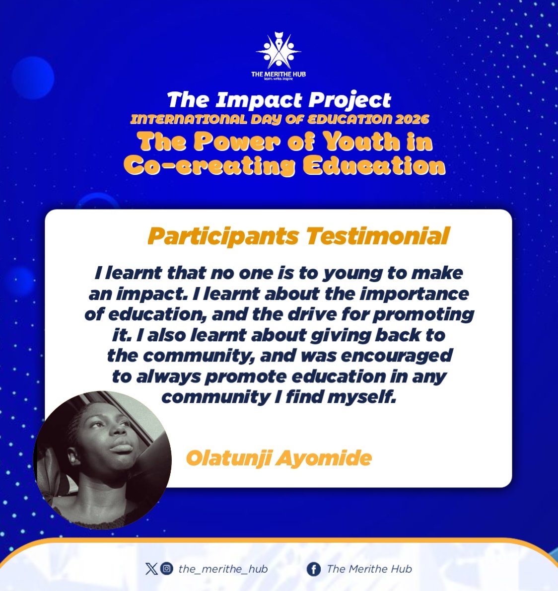 the_merithe_hub's tweet photo. Our webinar for the International Day of Education was IMPACTFUL.🔥🙌🏼
We didn't just learn, we empowered youths to be voices of change and education changemakers in their communities.✍🏼💫
Peep into the testimonials of some of our participants.🤭💙
A thread... https://t.co/tAEp0QF3Kw
