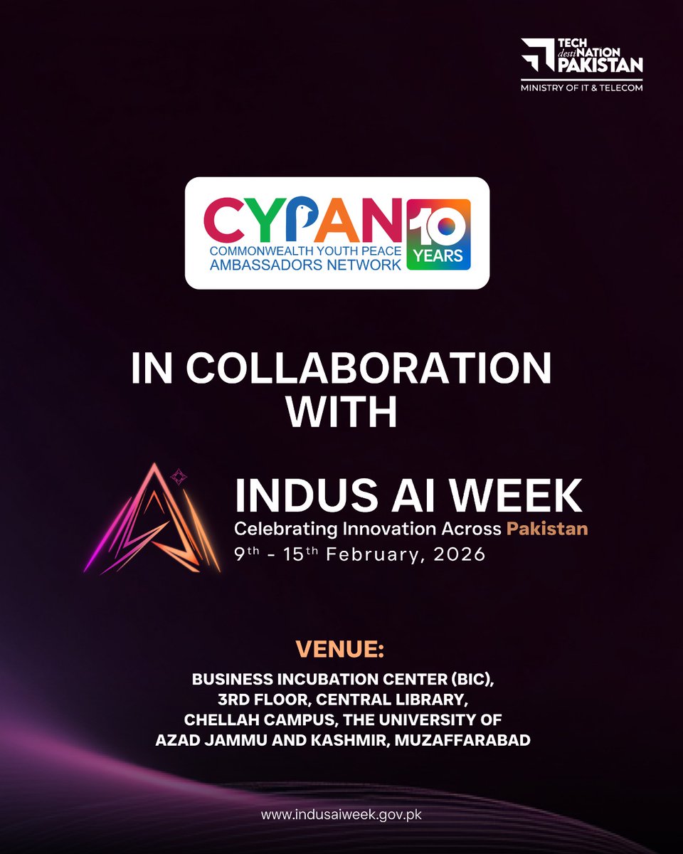 UAJK_Official's tweet photo. @UAJK_Official to host Generative #AI & #XR for Peacebuilding, a #FutureTechnologiesWorkshop under #IndusAIWeek2026, in collaboration with #CYPAN.
๐ BIC, Chellah Campus
๐๏ธ 9โ15 February 2026
#UAJK #GenerativeAI #TechForGood #DigitalPakistan #YouthInnovation
#BICUAJK https://t.co/dSQKKdX525