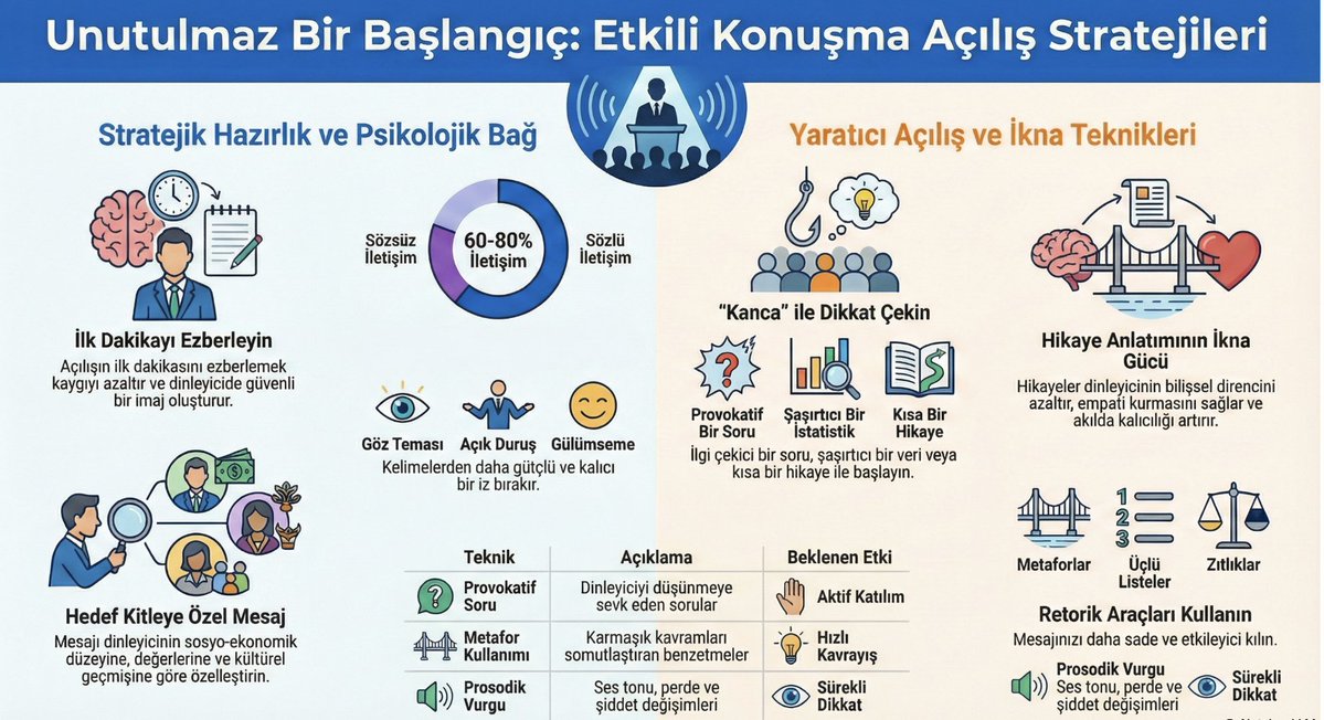 İlk 60 saniye her şeyi belirler.

Bu infogramda, konuşmayı daha başlamadan kazandıran 12 stratejik açılış taktiği var.
Net, uygulanabilir ve bilimsel temelli.
#konuşma #publicspeaking #ikna #sunum