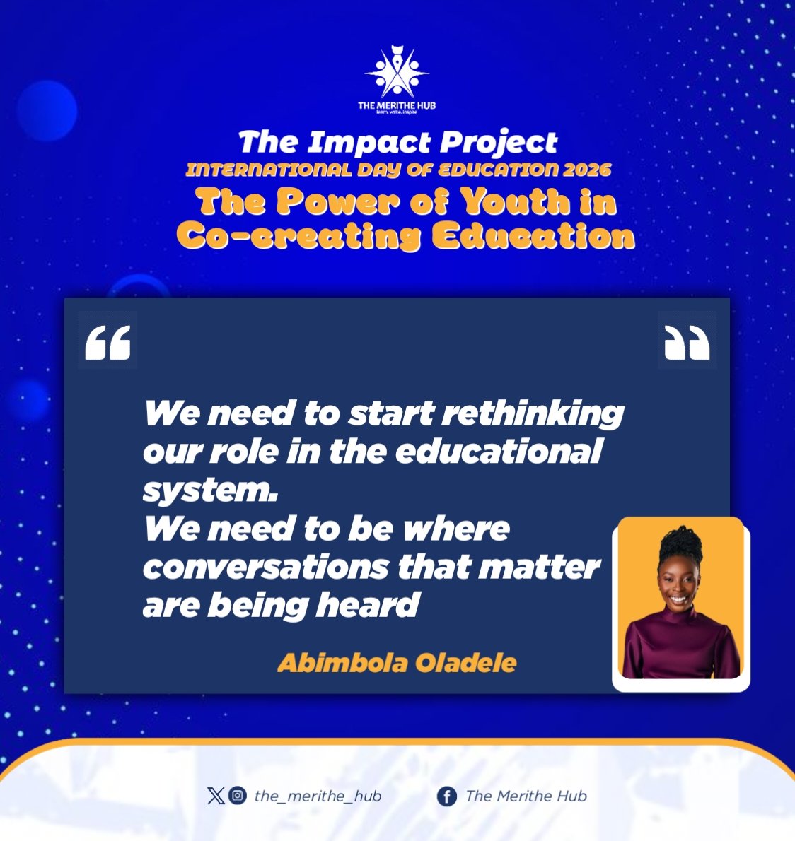 the_merithe_hub's tweet photo. We learnt directly from @bimbo__oladele as she spoke about "Youths as agents of change. From Learners to Leaders" and it was a mind-blowing session.🙌🏼🔥
#internationaldayofeducation2026 #thepowerofyouthincocreatingeducation #theimpactproject #TheMeritheHub https://t.co/qiG5M3pC25