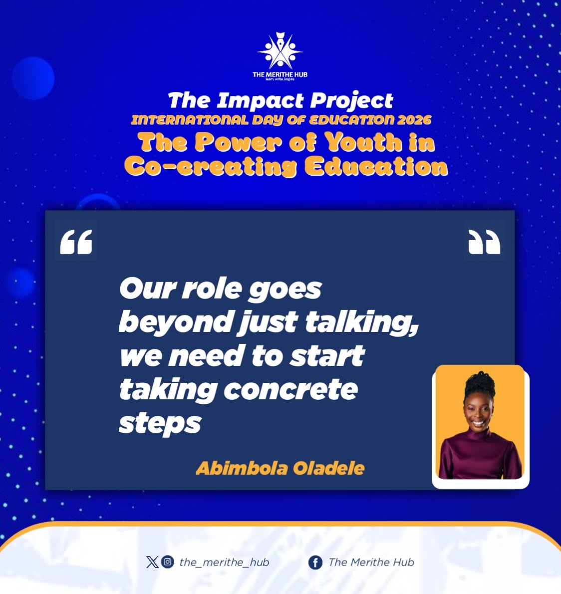 the_merithe_hub's tweet photo. We learnt directly from @bimbo__oladele as she spoke about "Youths as agents of change. From Learners to Leaders" and it was a mind-blowing session.🙌🏼🔥
#internationaldayofeducation2026 #thepowerofyouthincocreatingeducation #theimpactproject #TheMeritheHub https://t.co/qiG5M3pC25