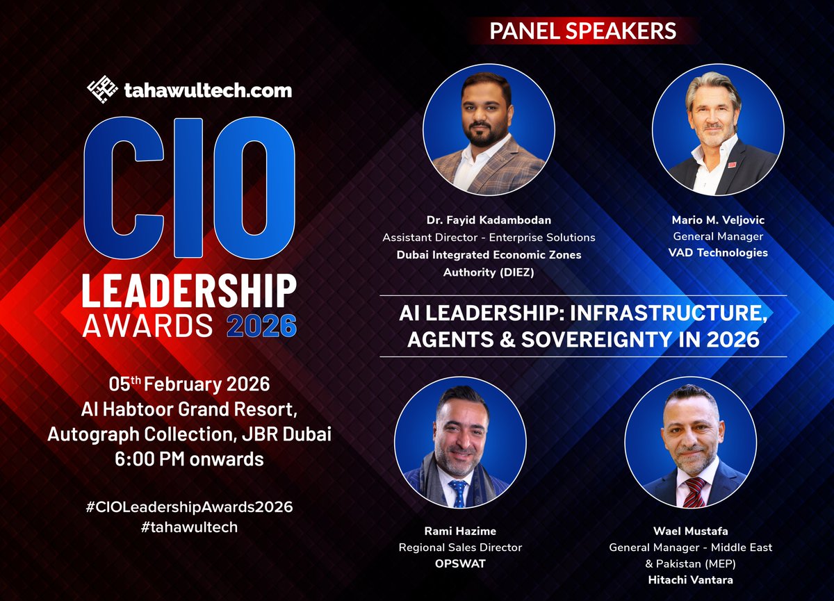 tahawultech's tweet photo. We are proud to announce our full lineup of panel speakers for the CIO Leadership Awards 2026.
Learn more about the event below.
https://t.co/8j1N2xJcos
#CIOLeadershipAwards2026 #tahawultech https://t.co/3QjZxKCFMb