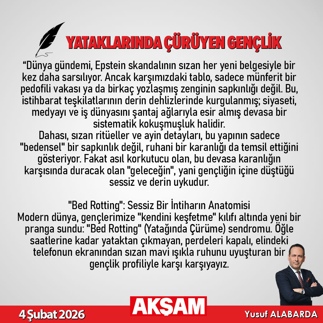 Aksam's tweet image. ✍️🏻Yusuf Alabarda yazdı... "Yataklarında çürüyen gençlik" @yusufalabarda

🔗tmd.yt/byaa0