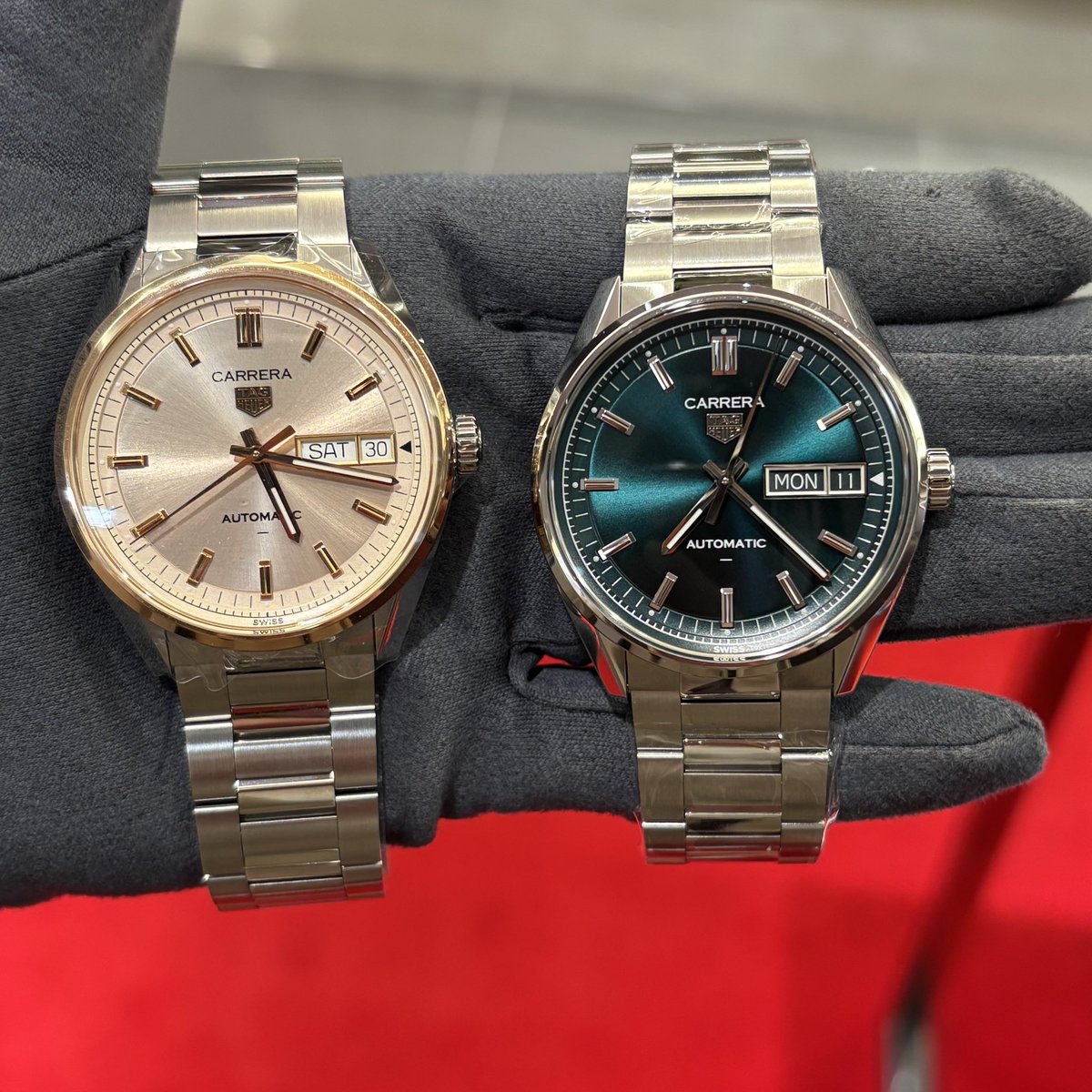 Threecbp's tweet image. 【TAGHEUER】
カレラ　デイデイト　41mm

🥂温かみのあるシャンパンカラー
18Kローズゴールドがコーティングされたベゼルにシャンパンカラーの文字盤が美しい🤍

🌿上品なディープグリーン
深みのあるグリーンが大人の落ち着きと上品さを演出します✨
サンレイ加工も相まって素敵な一本です😆