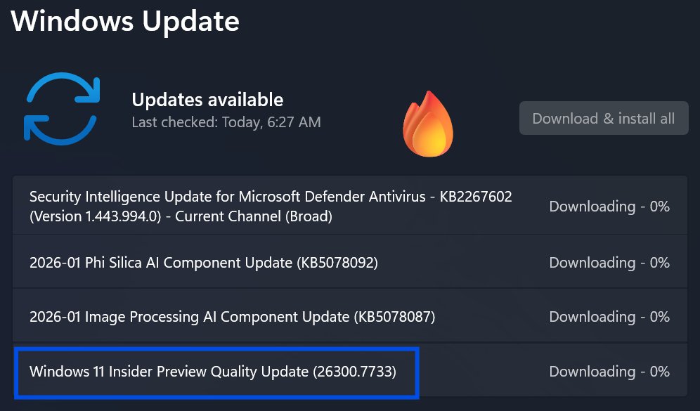 ErikMoreau's tweet photo. #Flighting Windows 11 Build 26300.7733 in the #DevChannel ๐ฅ @windowsinsider @DJ_EddieL @NorthFaceHiker @JenMsft @amanda_lango @maisondasilva @megahoch @brandonleblanc @JamesvandenBerg @aavdberg #areyouflightingyet #WindowsInsiders https://t.co/qH4KVj7buM https://t.co/GhKgZGUebE