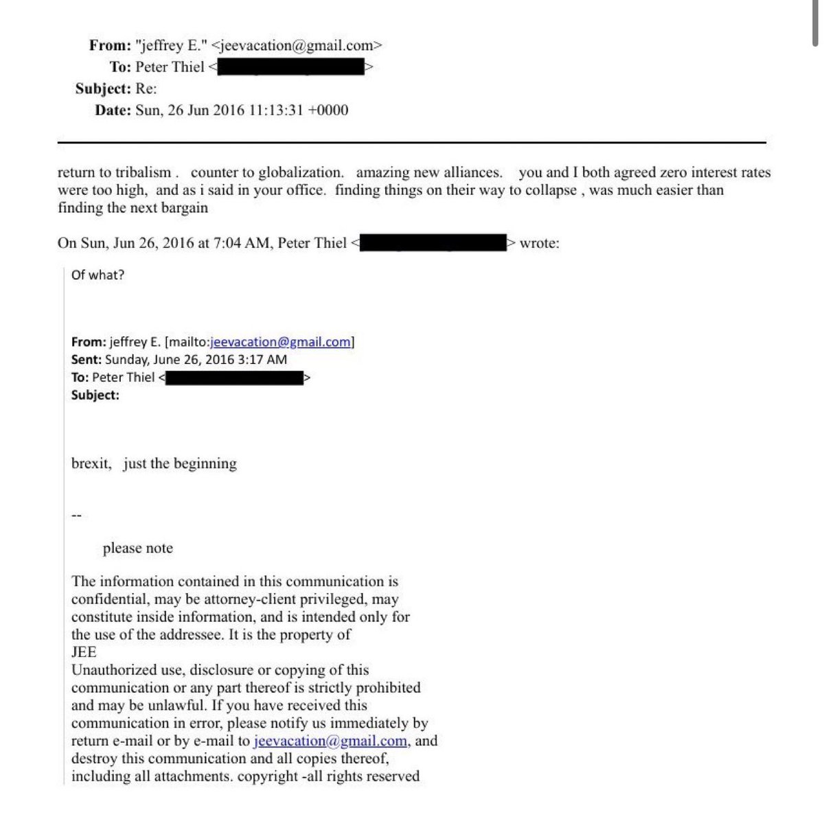 TheTNHoller's tweet image. This email between Epstein and JD Vance’s tech oligarch benefactor Peter Thiel where they plan to “collapse” society to create investment opportunities for themselves seems… not great 

(They also met with the UN ambassador to Russia together)