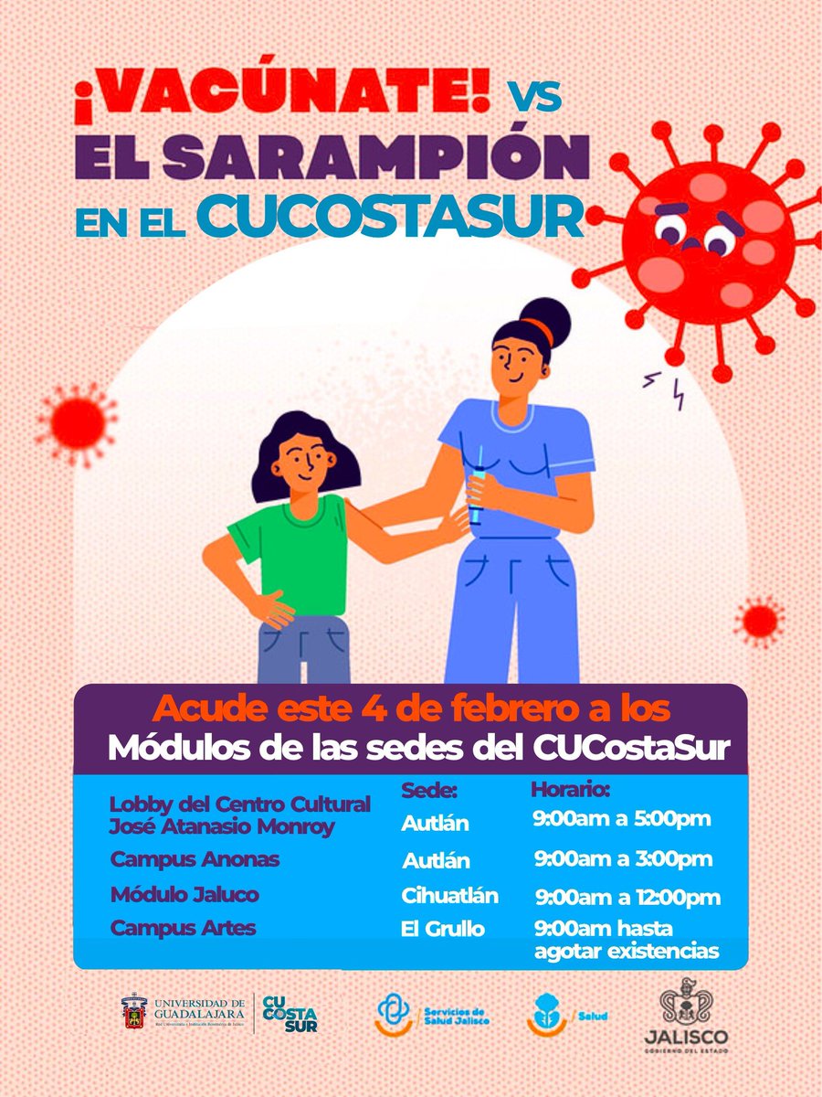 #AlMomento #UNIRnoticias | Informa <a href="/CUCSur/">CU Costa Sur  UdeG</a> que este miércoles 4 de febrero realizarán una #Jornada de #Vacunación contra el #Sarampión habilitando 4 módulos en sus sedes en toda la región.