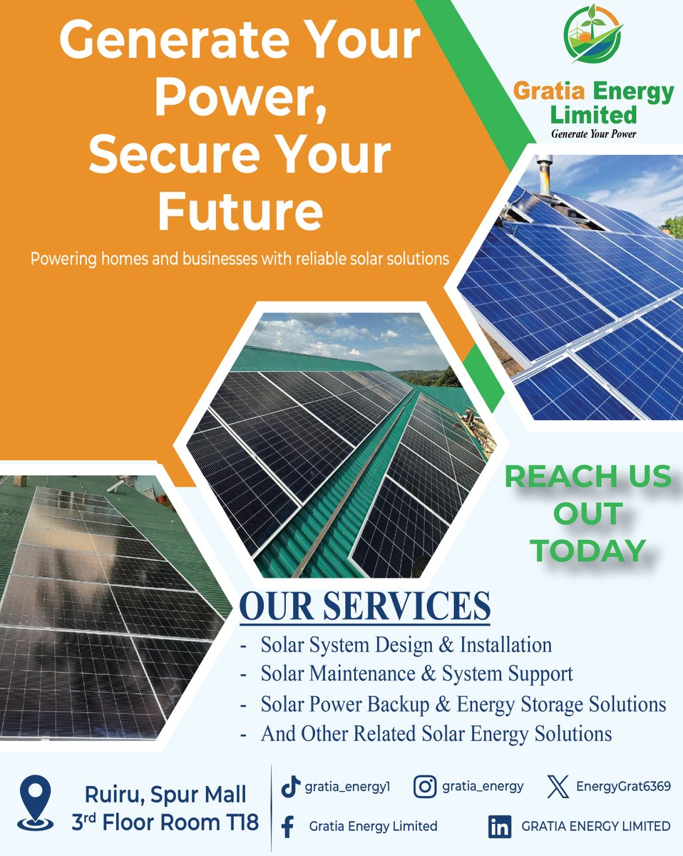 EnergyGrat6369's tweet photo. Generate your power. Secure your future ☀️

We provide reliable solar system design, installation, maintenance &amp; energy storage solutions for homes and businesses.

📍 Ruiru, Spur Mall – 3rd Floor, Room T18

#SolarEnergy #RenewableEnergy #GoSolar #CleanPower https://t.co/lSI4KW4Z6M