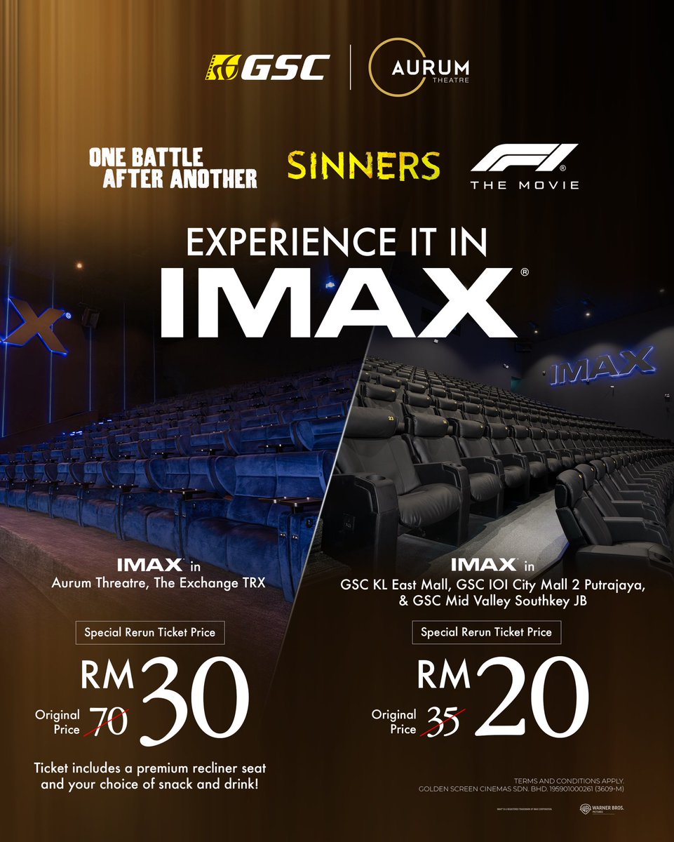 GSCinemas's tweet image. 🎬✨ Oscar-Nominated films are BACK on the GSC BIG Screen! 🙌

Bigger. Louder. More breathtaking than ever.
Experience every pulse-pounding moment of #OneBattleAfterAnother, #Sinners and #F1TheMovie in premium formats in #IMAX, #4DX &amp;amp; #ScreenX🔥

From immersive sound to