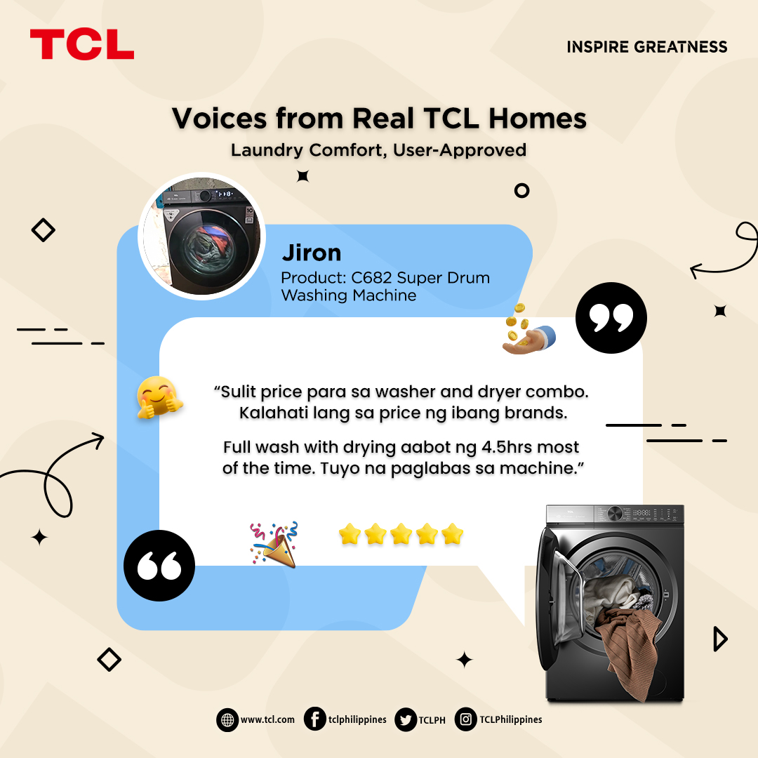 TCLPH's tweet photo. Real homes know the value of smart laundry. Users love how the TCL C682 Super Drum delivers a washer-dryer combo at a more affordable price,cutting laundry time with a full wash and dry cycle that leaves clothes ready straight from the machine.
#TCLCustomerReview #TCLWashPro https://t.co/Drbl3Zgao9