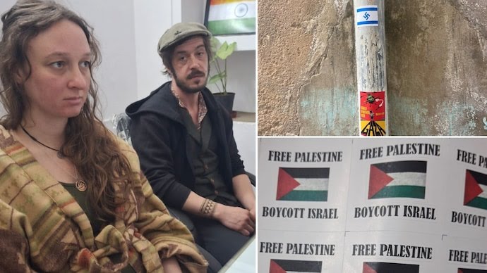 Two UK nationals Lewis and Christine, came to India on tourist visa and pasted anti-Israel stickers in Pushkar, Rajasthan.

They defaced tourist sites with stickers:
1) Free Palestine, Boycott Israel.
2) Israel flag with Nazi symbol.

Now, 'Leave India' notices have been served