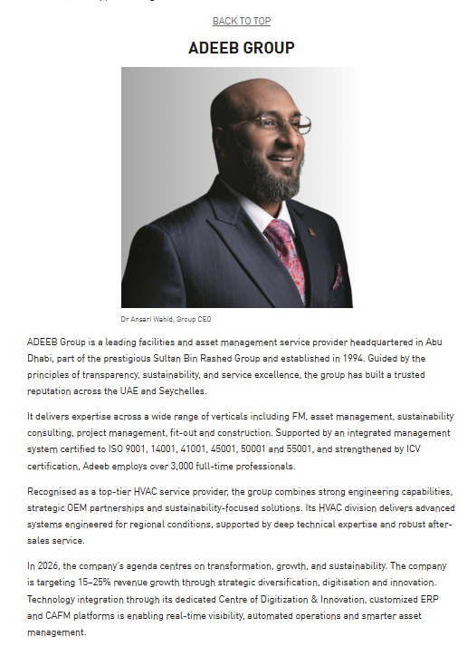 AdeebFM's tweet photo. Proud moment for Adeeb Group! 

Honored to be named among the Top HVAC Companies in the Middle East 2026. This milestone reflects our commitment to engineering excellence and innovation under the leadership of Dr. Ansari Wahid. Congratulations Team! 

#AdeebGroup #HVACExcellence https://t.co/2ItnE4P1Jz