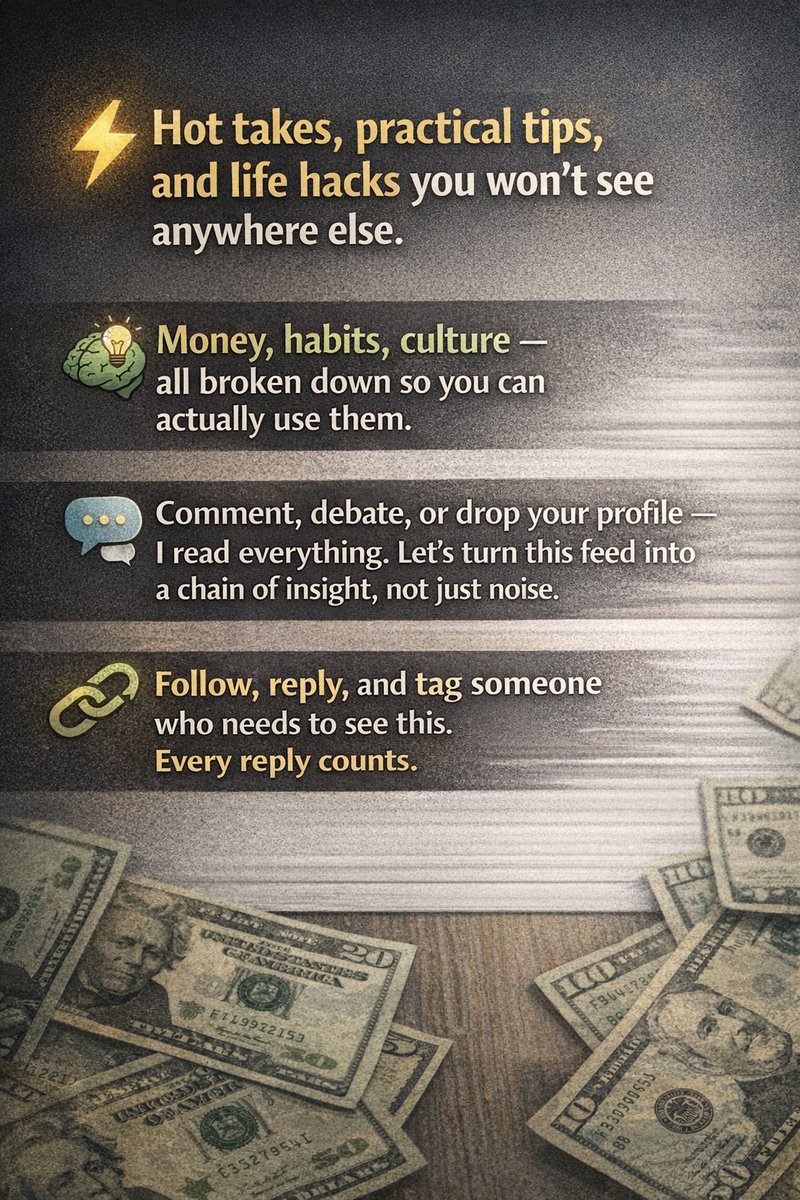 Sentofkwara's tweet image. Hot takes, practical tips, and life hacks you won’t see anywhere else.
Money, habits, culture all broken down so you can actually use them.
Comment, debate, or drop your profile I read everything. Let’s turn this feed into a chain of insight, not just noise.
🔄 Follow, reply,tag