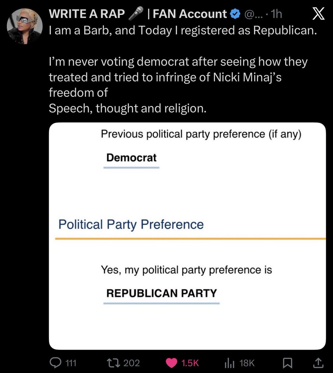 MAGAVoice's tweet image. BREAKING 🚨 Tens of THOUSANDs of Nicki Minaj supporters are registering as Republicans now 🔥 

“I’m never voting Democrat after seeing how they treated and tried to infringe on Nicki Minaj’s:

- Freedom
- Thought
- Religion”

IT’S OFFICIALLY HAPPENING