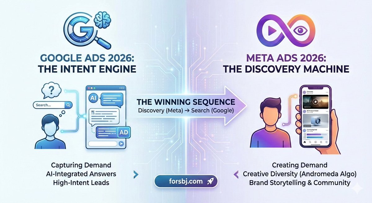 _FORSBJ_'s tweet photo. Google vs. Meta in 2026: The rivalry is over—it's now a partnership.

Google Ads: The Intent Engine. Capturing demand through AI-integrated search. Meta Ads: The Discovery Machine. Creating demand via creative diversity.
Details: https://t.co/wobsEAzATw

#GoogleAds #MetaAds https://t.co/4XA0BjL2W8