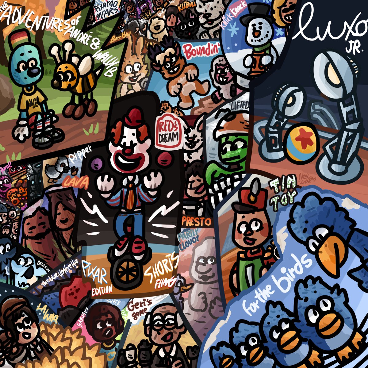 axelfilms22's tweet photo. pixar shorts films 
happy 40th anniversary pixar 🎉
#Pixar40thAnniversary #pixar #pixar40 
#pixarfanart #tinytoy #luxojr #pixarshorts #nostalgia
#TheAdventuresofandreandWallyB
#pixaranimation
#pixarcharacters
#sparkshorts #kitbull
#Purl #Bao #forthebirds #theblueumbrella #fanart https://t.co/UWVkwAQjMK