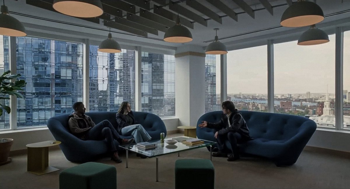 muglare's tweet photo. I have been thinking about the set designs for The Drama ALL DAY. Can’t get over the cool tones with wooden accents and walls covered in art. My eyes locked onto the Isamu Noguchi lamps, the spiral staircase, the Ploum sofa and Marcel Breuer chair immediately. So good! https://t.co/BNggJZ4TE1