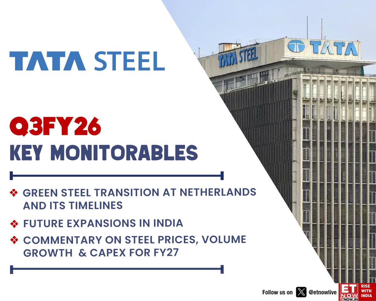 ETNOWlive's tweet image. #Q3WithETNOW | Tata Steel Q3 FY26 preview: strong India volumes to offset muted realisations, with margins under pressure and Europe slipping back into EBITDA losses

#TataSteel #Q3Preview #Earnings #Steel #IndiaMarkets