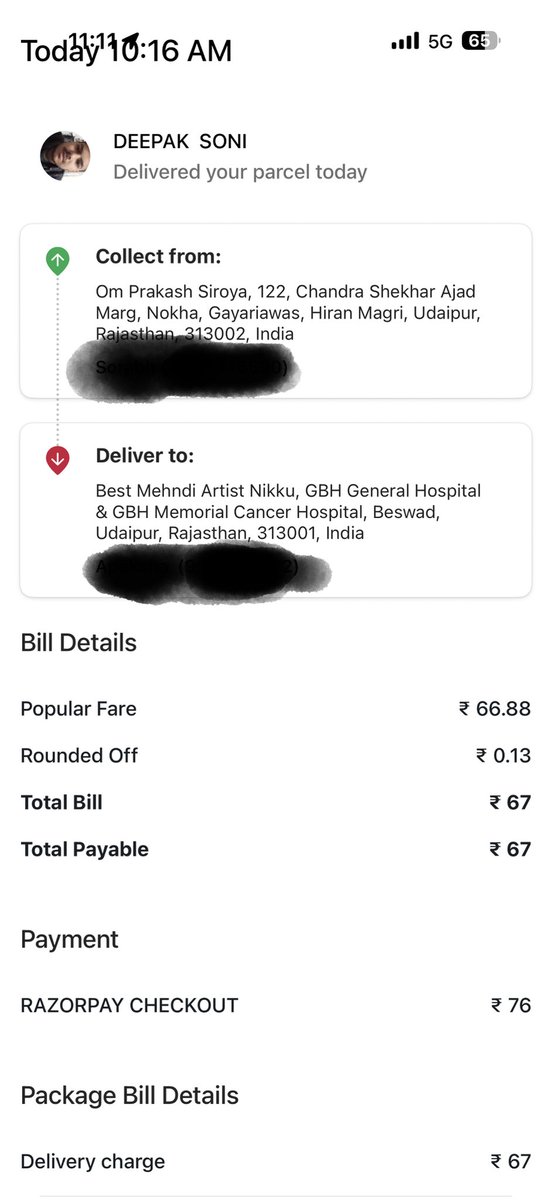 SORABHSIROYA's tweet photo. @Olacabs your rider whom I opted for parcel delivery service is troubling me stating he has not received the payment which I made online. Forcing me to call ola and ask them to make the payment. Can u please ensure he shouldn’t bother me again… below details. @bhash https://t.co/rjXxwtbOY5