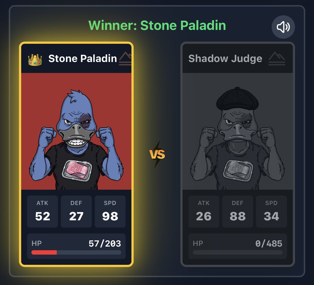Stone Paladin is the first-ever Duck Club Champion. 

Congrats <a href="/DonCryptoBTC/">doncryptobtc.eth</a> — well fought.

Next fight: Sunday the 15th at 10 PM.
$100 pool per fighter.