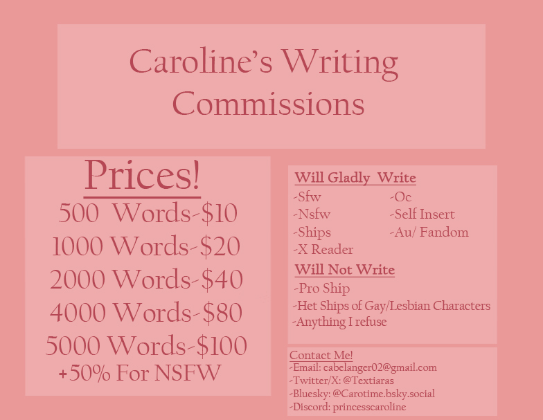 TexTiaras's tweet photo. Hi there friends, I'm Caroline and I like Writing! I am opening up some Commissions! 

I will be taking 5 Slots and I will be sure to update you as progress is made! DM Me on here, Bsky or the other two listed Socials in order to Comm! Examples Below! https://t.co/zhGJHtt1d8
