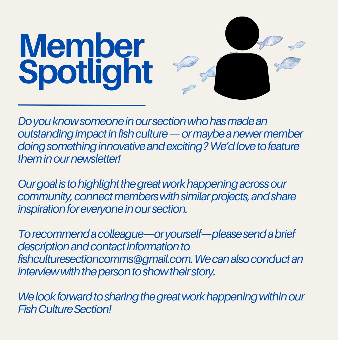 FishAfs48870's tweet photo. ✨ Member Spotlight ✨Know someone doing great work in fish culture? Nominate them—or yourself—and help us highlight the people moving our field forward! #afsfishculture #FishCulture #fishculturesection #MemberSpotlight https://t.co/SIv2z32KkC