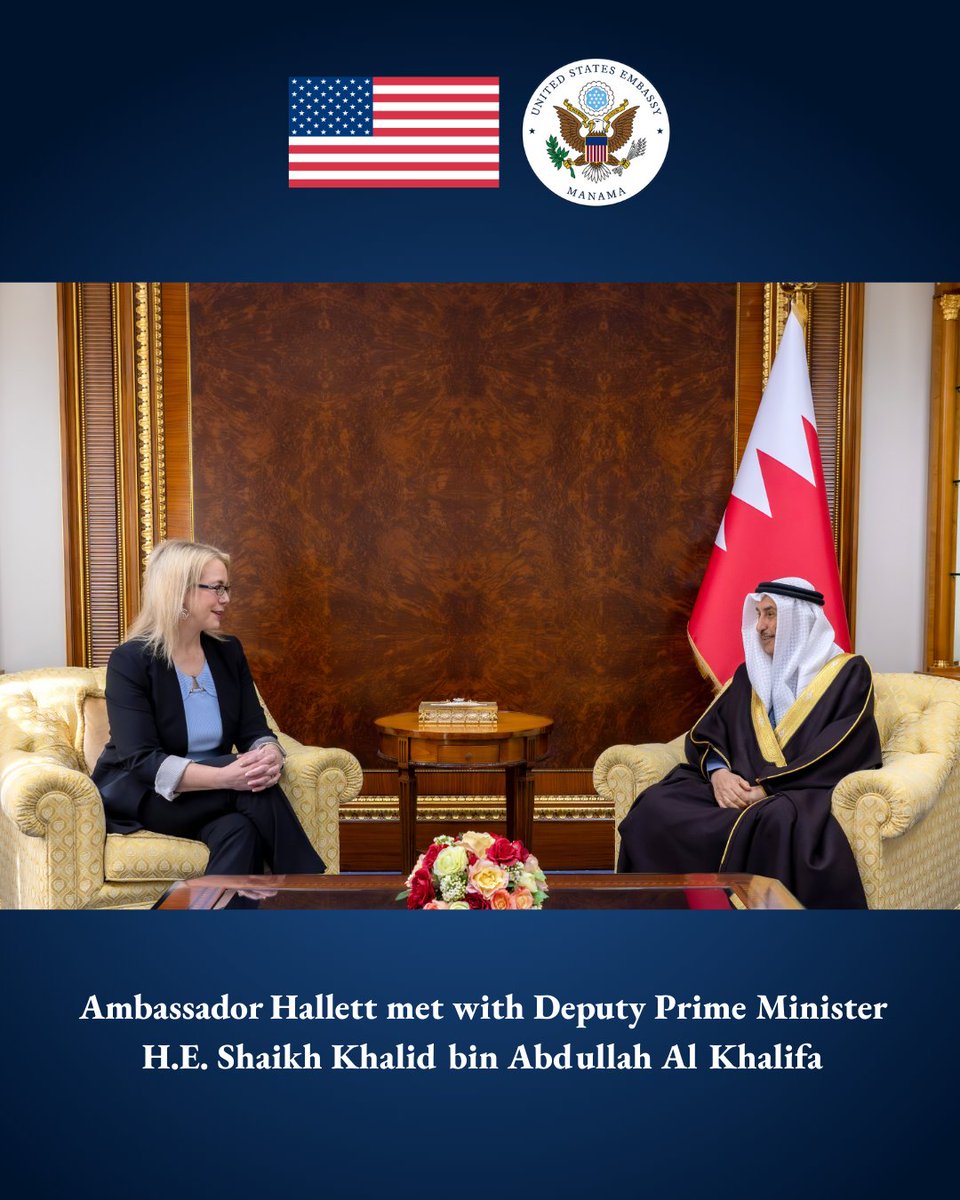 اجتمعت سعادة السفيرة هاليت بمعالي نائب رئيس مجلس الوزراء الشيخ خالد بن عبدالله آل خليفة، وتم خلال اللقاء بحث سبل تعزيز التعاون الاقتصادي والأمني.