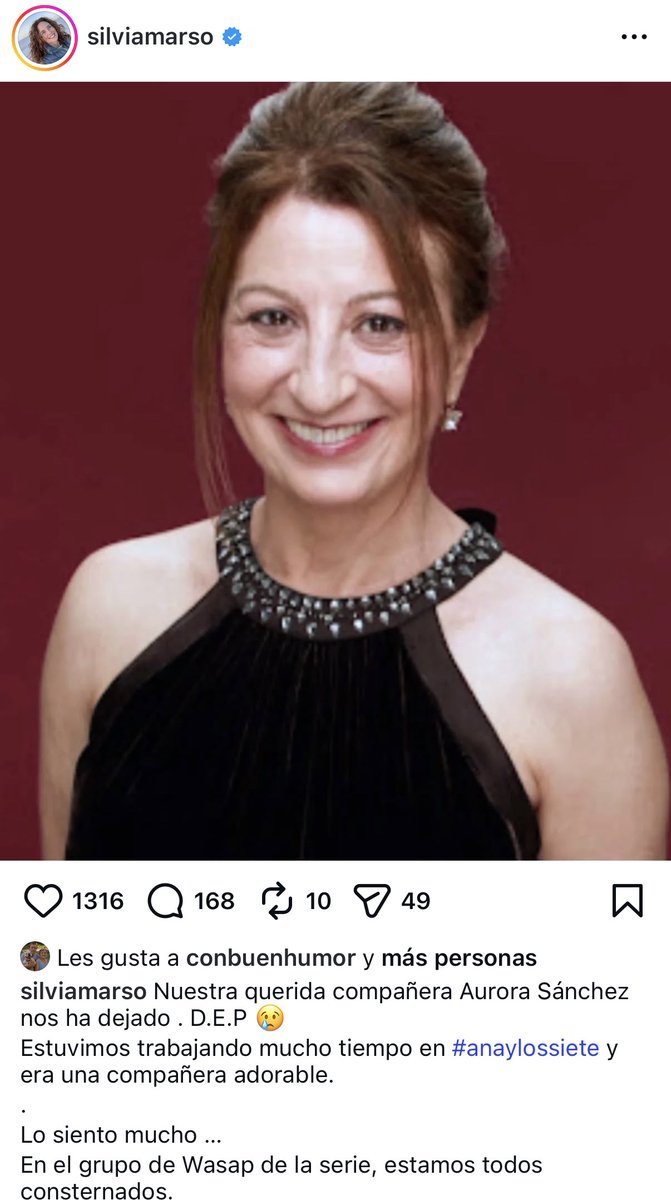 Cómo nos entristece el adiós a AURORA SÁNCHEZ, 66 años recién cumplidos, socia #aisge 3466 y sonrisa imborrable en los repartos de "Ana y los 7" (¡esa Manuela!) o "Acacias 38". Su compañera Silvia Marsó anunció la pérdida con un mensaje conmovedor, como Roberto Álvarez
Mucha pena