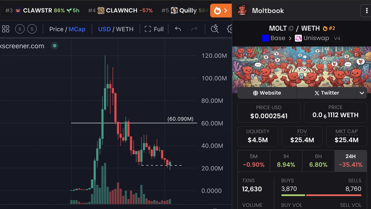 gem_insider's tweet photo. okay some of you asked me about $MOLT and it's actually looking good right now.  🫡

if the AI social narrative is here to stay then high chance this is the bottom right here.

as long as we hold this level and don't close below $20M we gud. https://t.co/pFoeD5JzBB