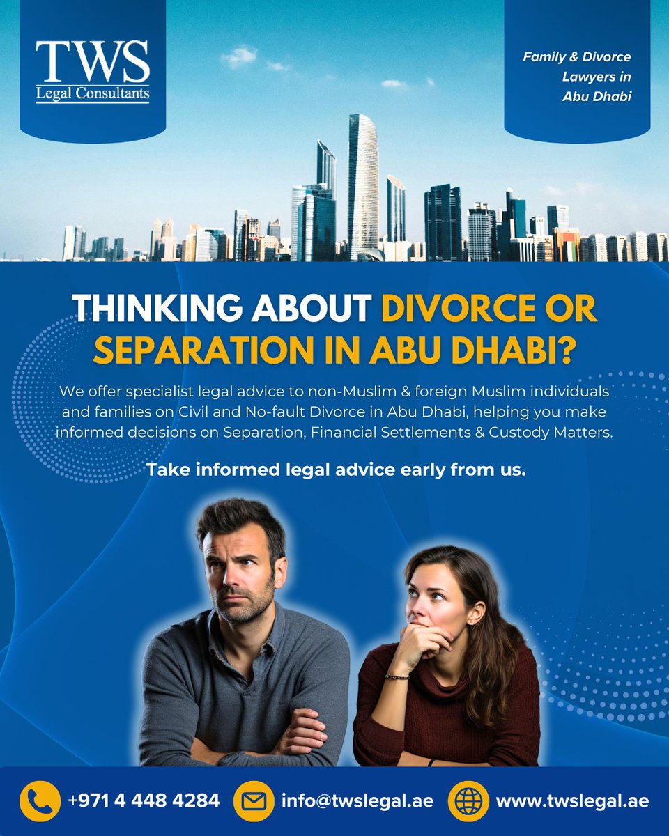 TWSLegal's tweet photo. At TWS Legal Consultants, we advise non-Muslim and foreign Muslim individuals and families on Civil Divorce in Abu Dhabi.

Book a consultation now:
T: +971 4 448 4284
E: info@twslegal.ae
W: https://t.co/3rEvhviH5H

#TWSLegalConsultants #abudhabidivorce #uaedivorce #divorcelawyer https://t.co/H8uO6T0i92